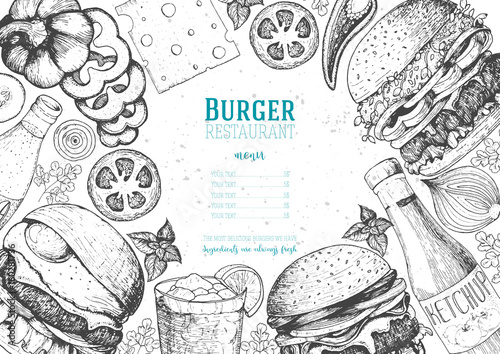 Burgers and ingredients for burgers vector illustration. Fast food, junk food frame. American food. Elements for burgers restaurant menu design. Engraved image, retro style.