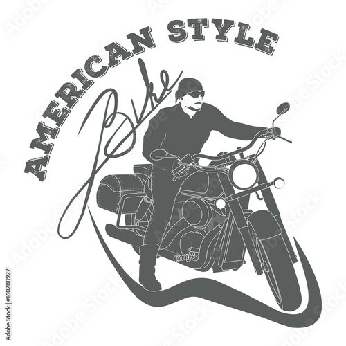 Biker on a motorcycle in vintage style, silhouette, emblem, sign, logo, print. Gray colors. Raster illustration.