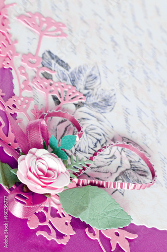 Decorative paper cards with rose and leaves