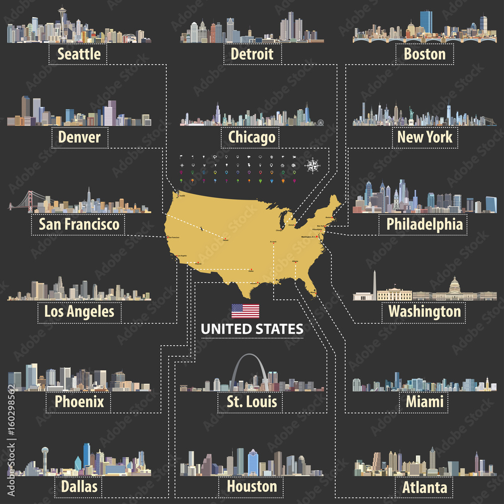 United States Vector Map With Largest Cities Skylines Stock Vector 1000 F 160298562 GVp9NE4bD73d5twpRuseqhpf18HdJ95P