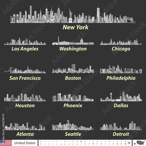 United States largest cities skylines vector illustrations in black and white color palette #160298741