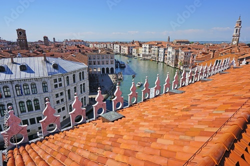 Landscape view over the red roofs of Venice, Italy seen from the Fondaco dei Tedeschi