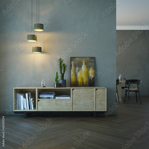 Принти на полотні living room interior with wooden sideboard