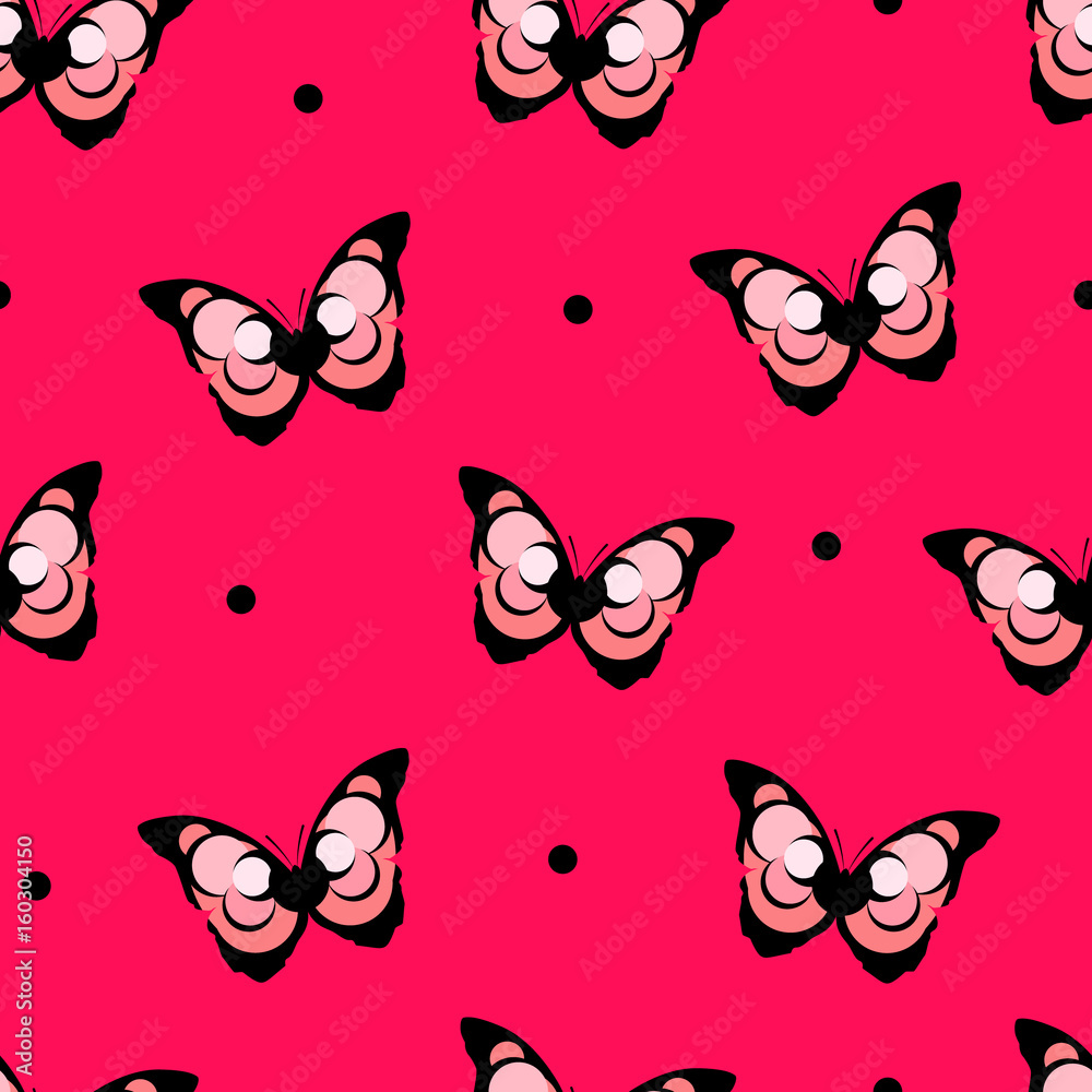 Fototapeta premium Seamless pattern polka dot with abstract butterfly on red background. Vector.