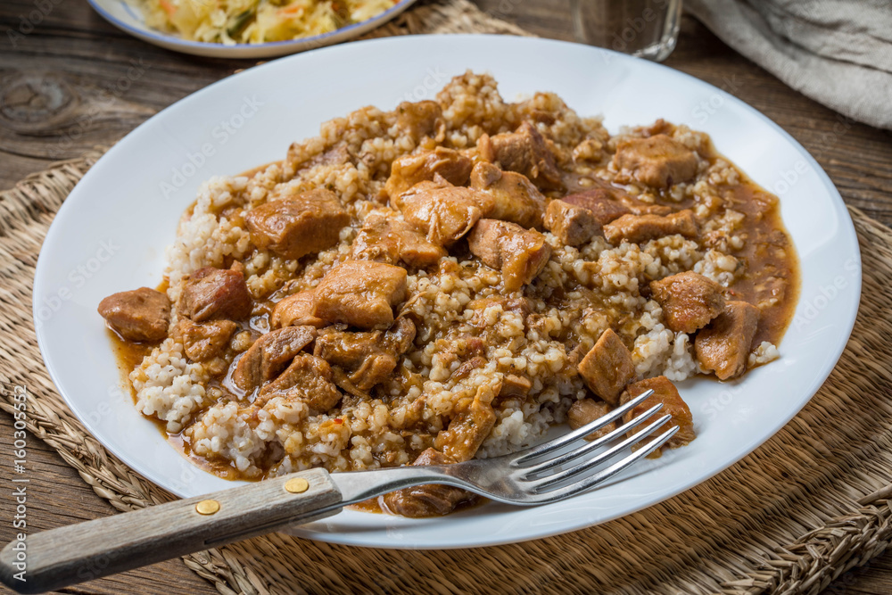 Barley groats with stewed meat. Barley groats with stewed meat.
