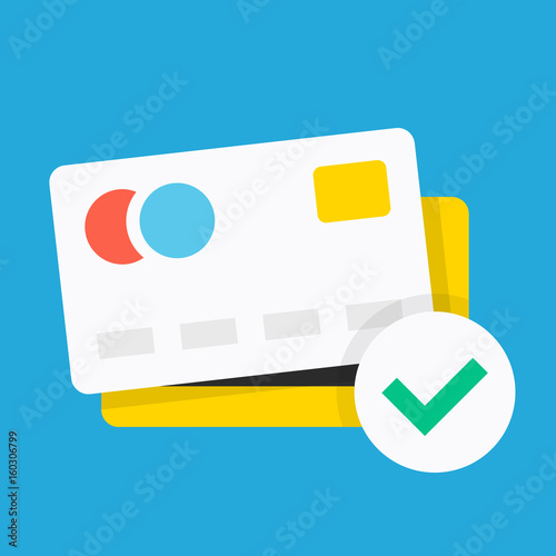 Credit card icon with green check mark. Flat design vector icon