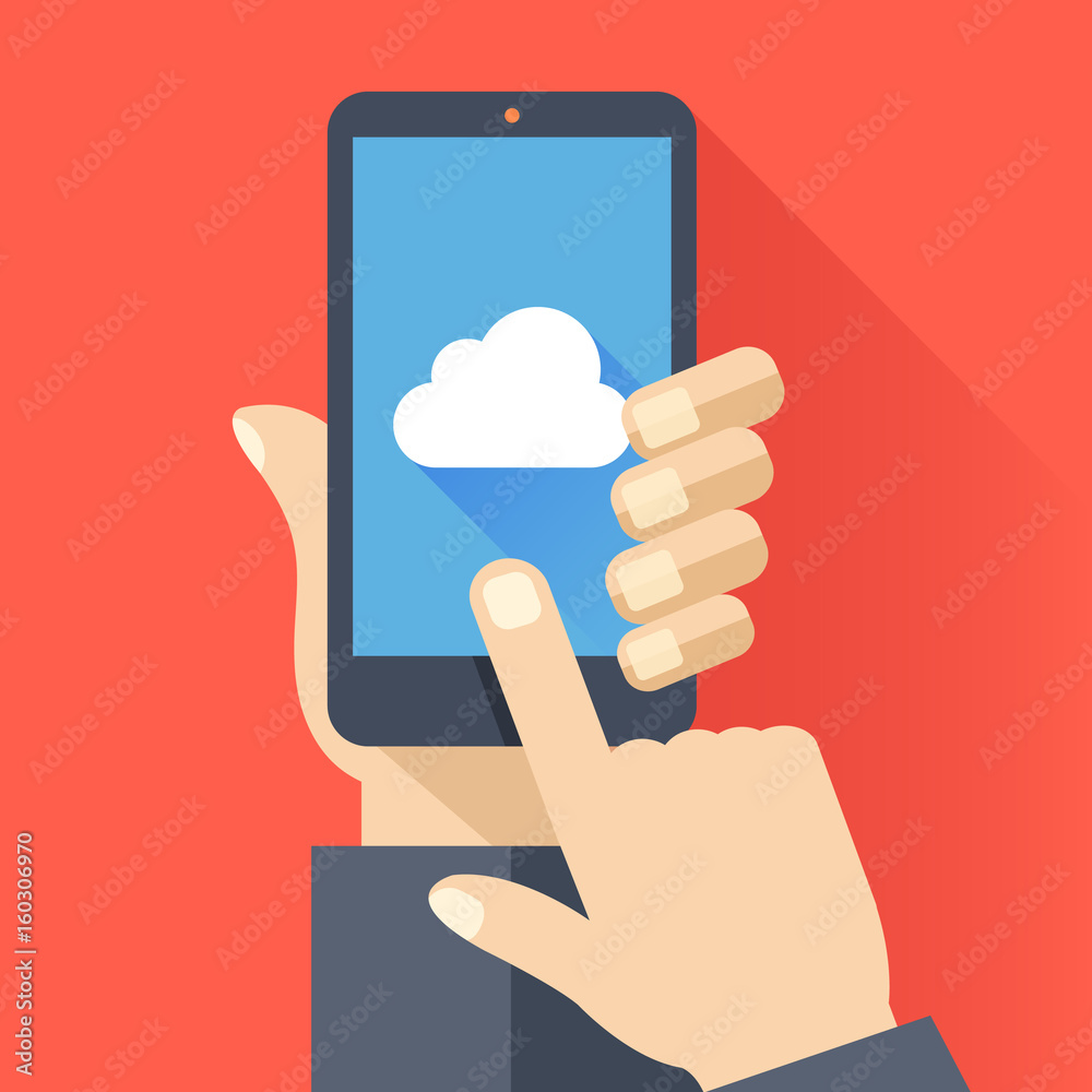 Cloud icon on smartphone screen. Hand holding smartphone, finger touching screen. Cloud storage, computing concepts. Modern flat design vector illustration Cloud icon on smartphone screen. Hand holding smartphone, finger touching screen. Cloud storage, computing concepts. Modern flat design vector illustration