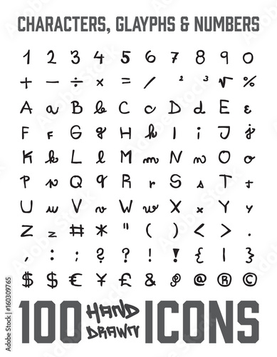 Set of 100 Characters, glyphs and numbers hand drawn / doodled icons. Grouped, ready to quick use!