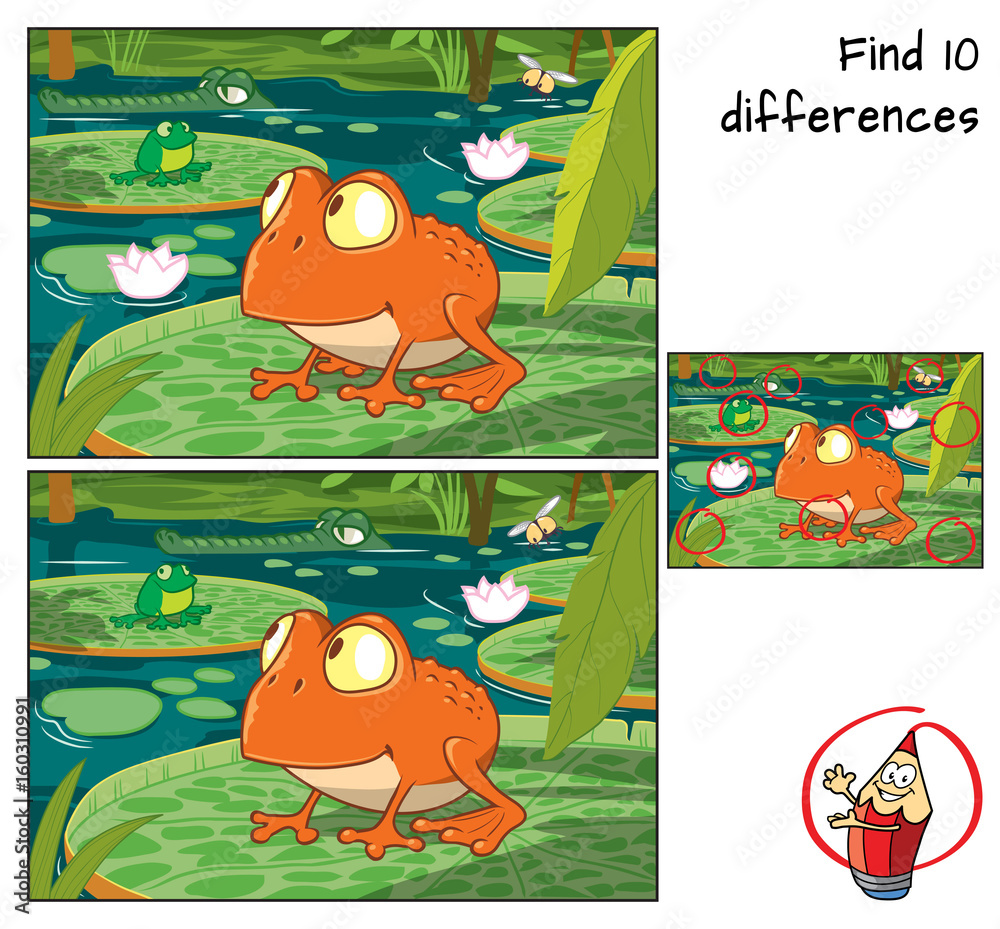 Fototapeta premium Frog in the tropical swamp. Find 10 differences. Educational game for children. Cartoon vector illustration