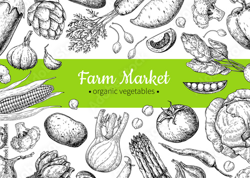 Vegetable hand drawn vintage vector frame illustration. Farm Market poster. photo