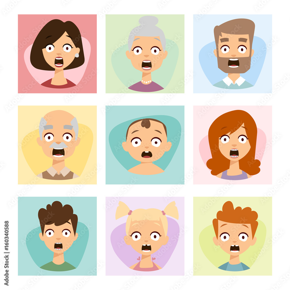 Vector set beautiful emoticons face of people fear shock surprise avatars characters illustration Vector set beautiful emoticons face of people fear shock surprise avatars characters illustration