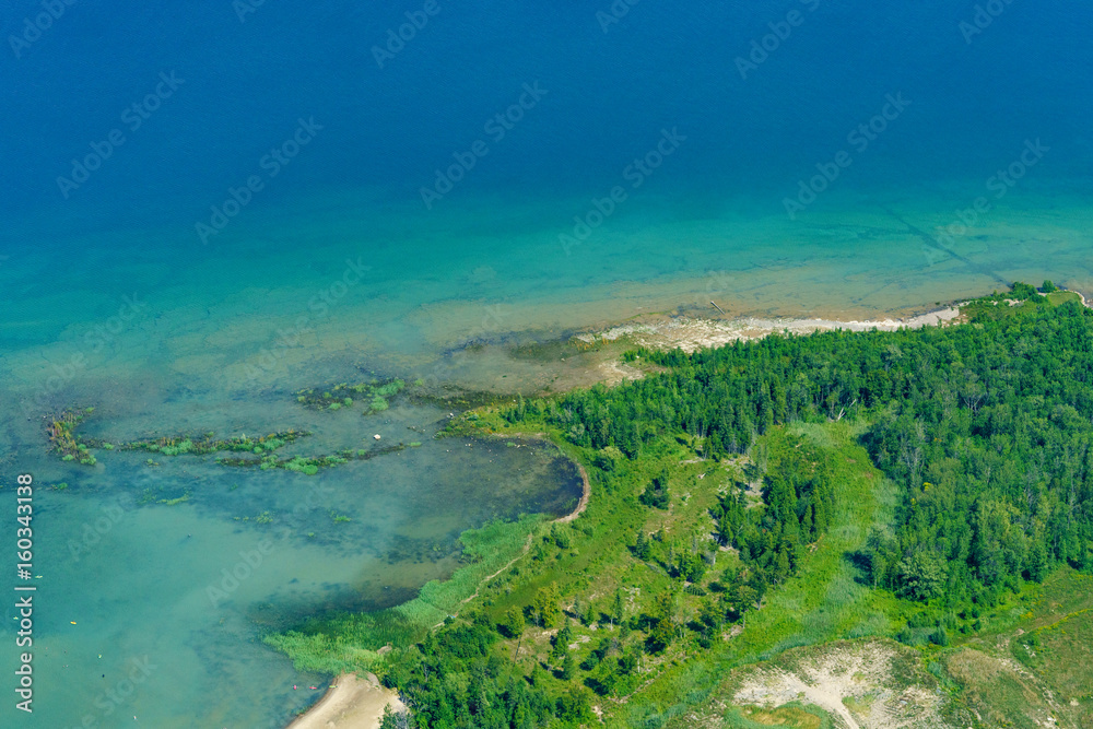 Aerial view of sea and land at day, Toronto, Ontario, Canada.