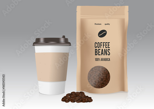 Realistic take away paper coffee cup and brown paper bag with coffee beans. Vector illustration.