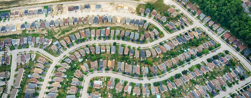 Aerial view of houses in residential suburbs, Toronto, Ontario, Canada.