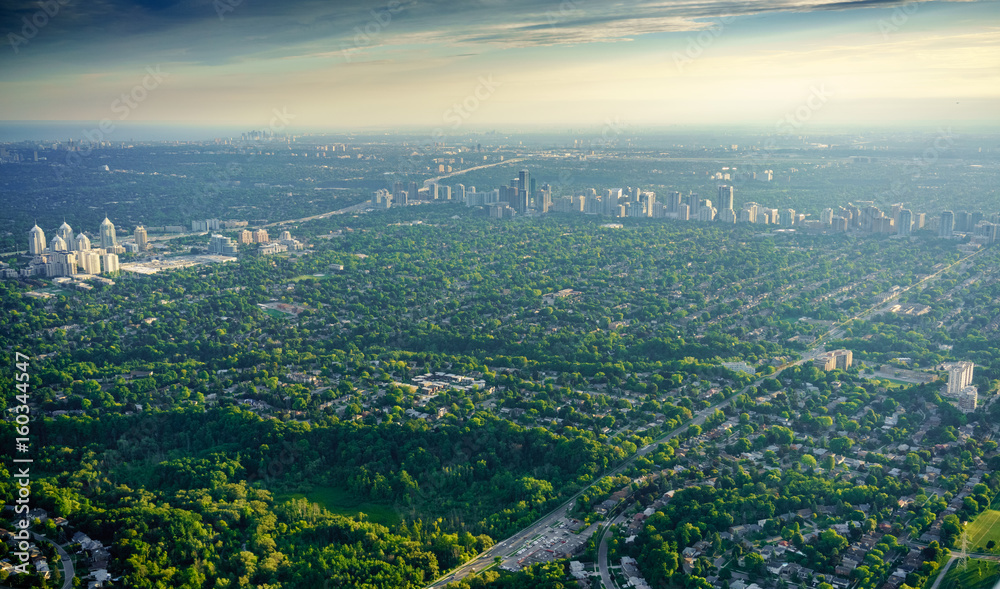 Elevated view of residential suburbs and urban areas, Toronto, Ontario, Canada.