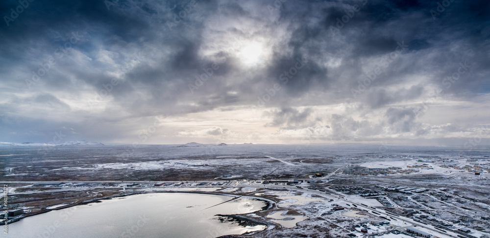 Aerial view of polar landscape and stormy sky, Iceland, Europe.