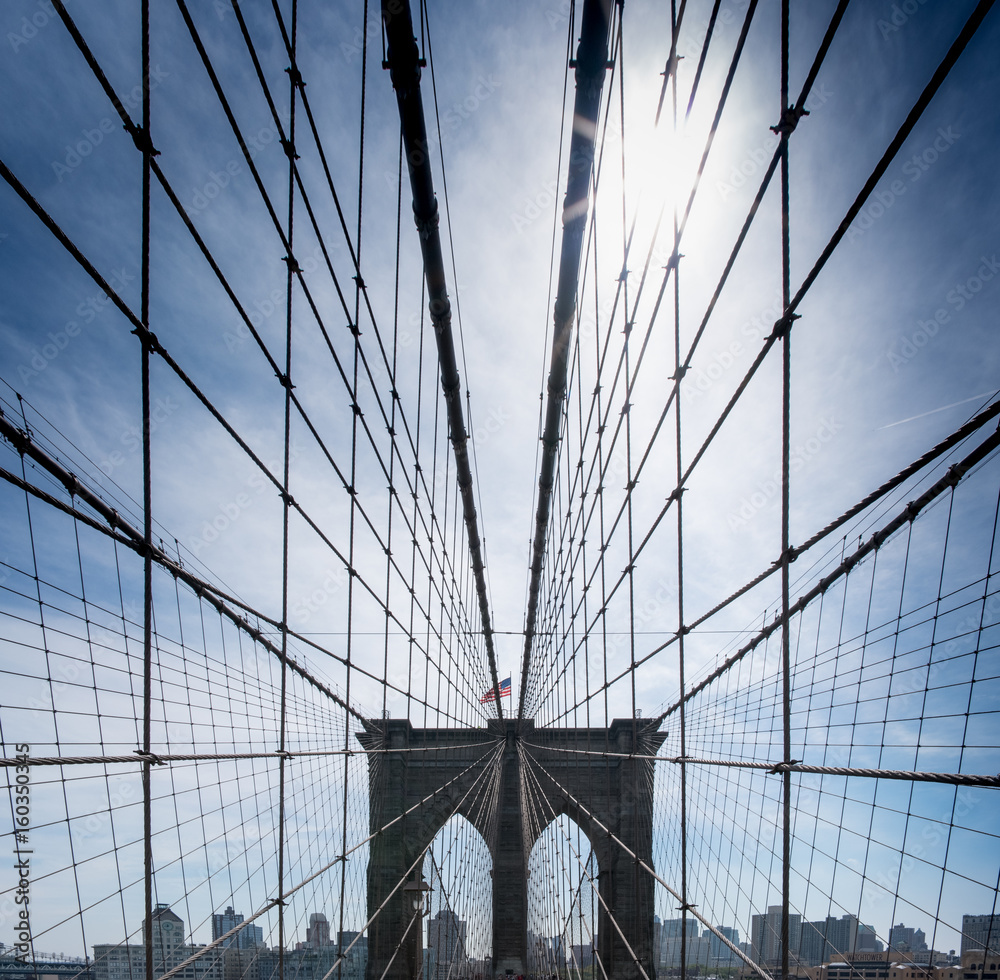 Fototapeta premium Low angle view of cables on Brooklyn Bridge, New York City, USA.