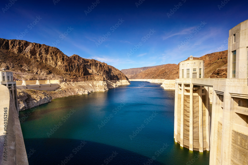Small building and water, Hoover dam on the Colorado river, USA. colour picture from nevada usa 2017