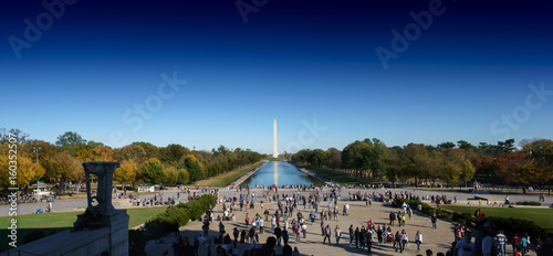 High leel view of Washington obelisk and Reflecting Pool, Washington DC, USA.