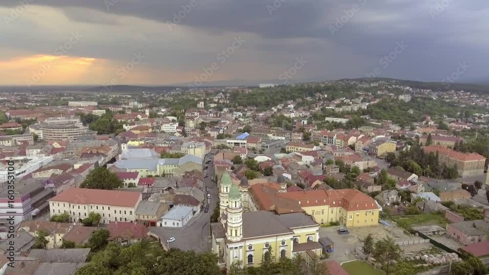Flying over Holy Cross Greek Catholic Cathedral in Uzhhorod, Transcarpathia, Ukraine Flying over Holy Cross Greek Catholic Cathedral in Uzhhorod, Transcarpathia, Ukraine