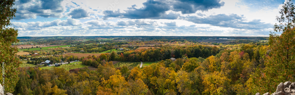 Panoramic, high angle view of countryside, at day, cloudy, Ontario, Canada.