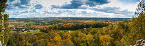 Panoramic, high angle view of countryside, at day, cloudy, Ontario, Canada.