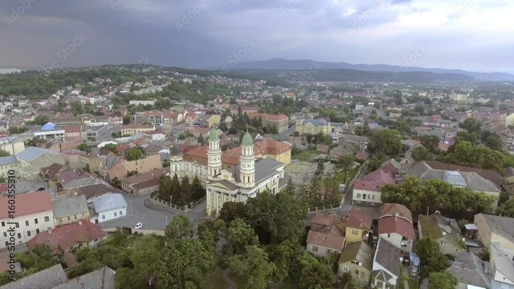Flying over Holy Cross Greek Catholic Cathedral in Uzhhorod, Transcarpathia, Ukraine Flying over Holy Cross Greek Catholic Cathedral in Uzhhorod, Transcarpathia, Ukraine