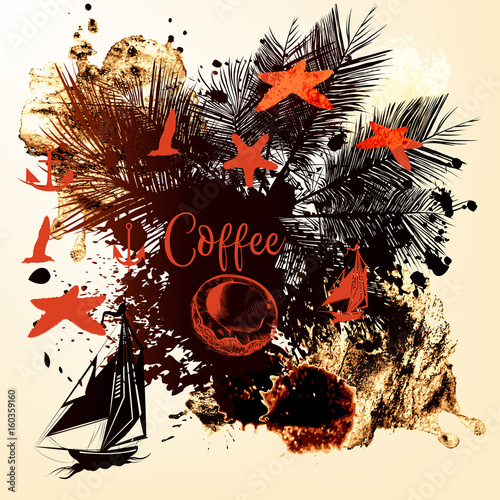 Coffee tropical background with starfishes, ships, spots and palm leafs