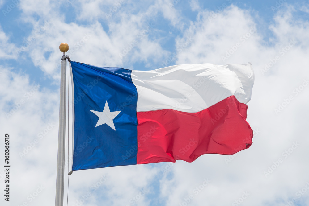 Naklejka premium Large Texas (The Lone Star) flag waving on flag pole with cloud blue sky. Windy and sunny day with waving flag blowing/flowing. Ruffled Texas flag. Room for text, copy space.