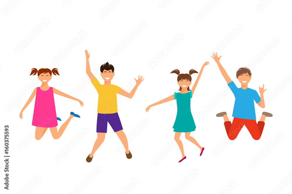 Happy Cartoon Cheerful Young Girls and Boys Jumping. Children Isolated