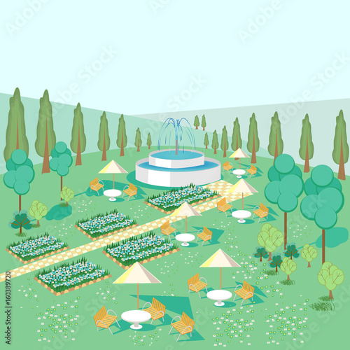 Summer recreation Park with a fountain, tables and trees