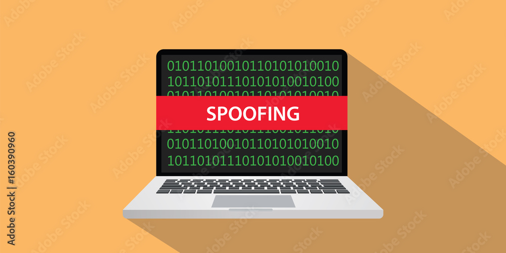 spoofing concept illustration with laptop comuputer and text banner on screen with flat style and long shadow spoofing concept illustration with laptop comuputer and text banner on screen with flat style and long shadow