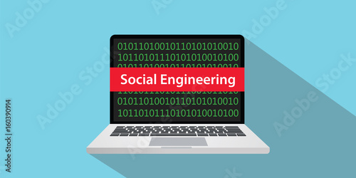 social engineering concept illustration with laptop comuputer and text banner on screen with flat style and long shadow