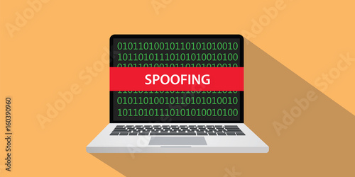 spoofing concept illustration with laptop comuputer and text banner on screen with flat style and long shadow