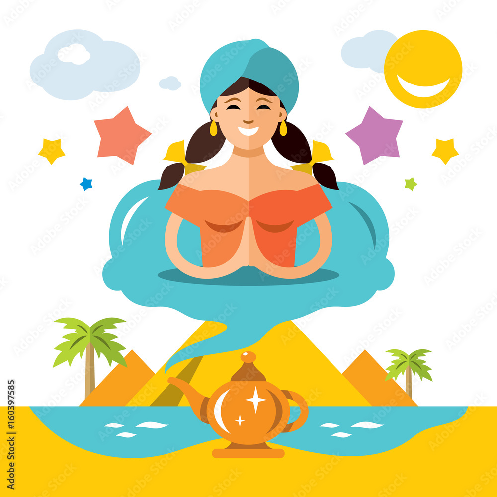 Vector Girl genie of the lamp. Flat style colorful Cartoon illustration.