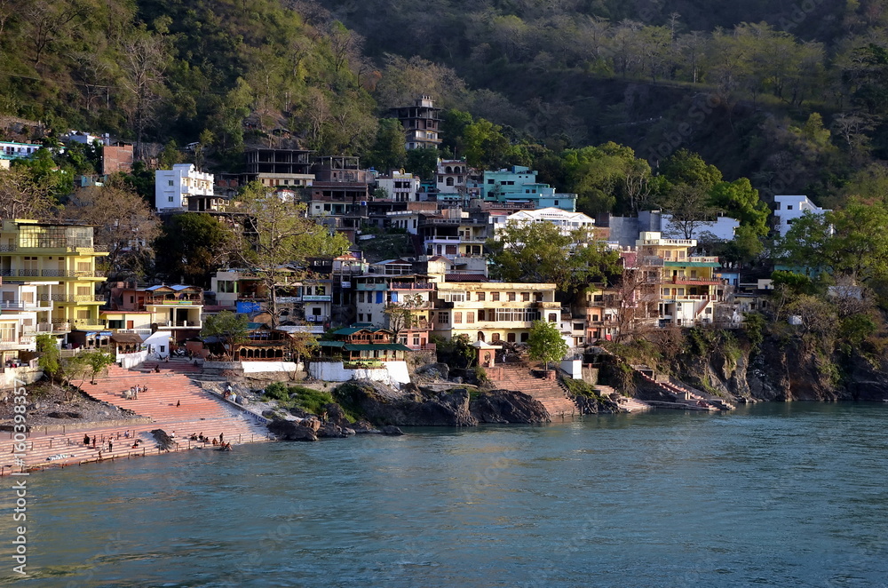 View of the embankment of the Ganges in Rishikesh, one of the holy Hindu cities in India