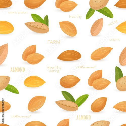 vintage seamless texture with tasty almonds on white background