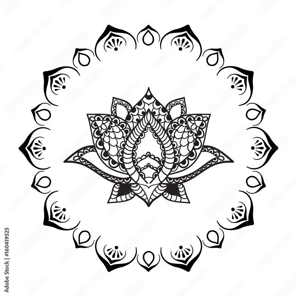 Hand drawn Lotus with mandala frame. Oriental ornaments for greeting card, invitation, yoga poster, coloring book.