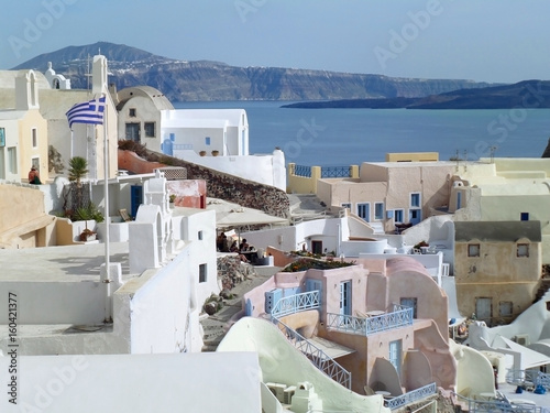 White and pastel colored unique architecture on Santorini island of Greece