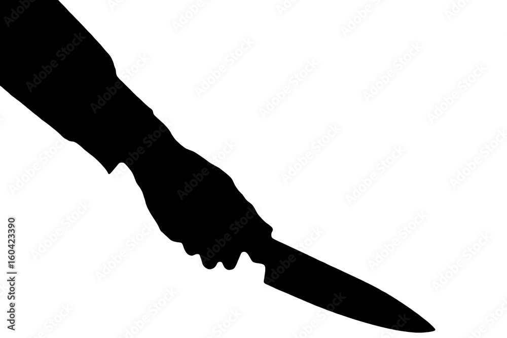 Isolated human hand with killing kitchen knife silhouette (shadow) on white  background. Graphic resources for designers and criminal news and  chronicles. Stock Photo