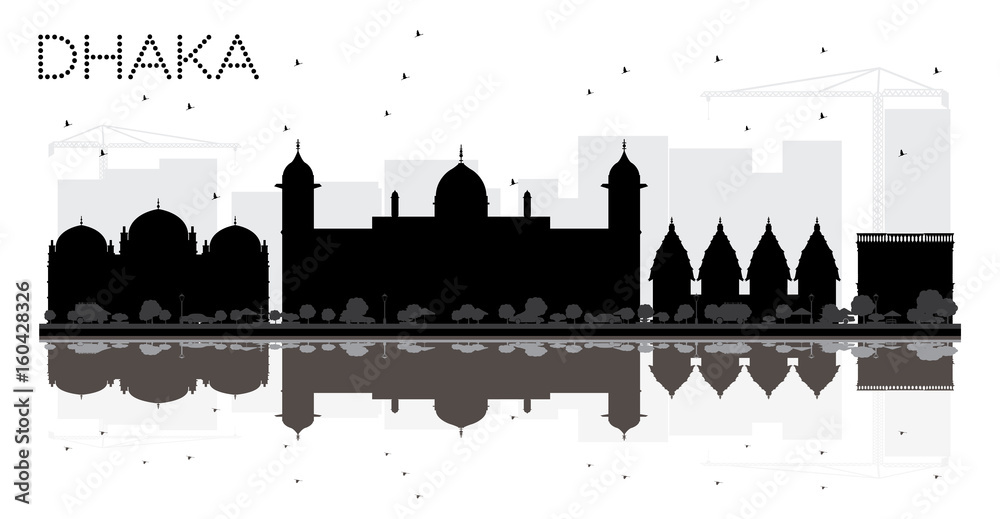Dhaka City skyline black and white silhouette with reflections.