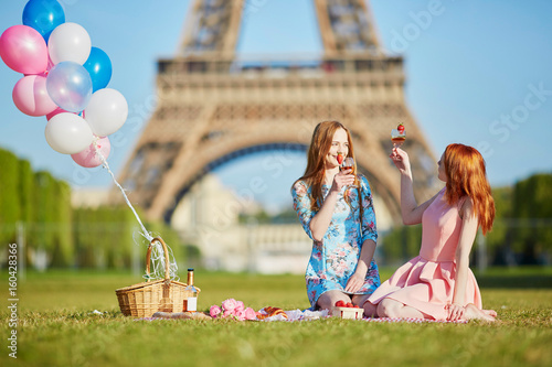 Two young women having picnic near the Eiffel tower in Paris, France photo