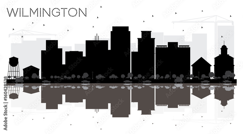 Wilmington City skyline black and white silhouette with reflections.