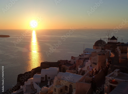 Beautiful Sunset at Oia Village on Santorini Island of Greece 