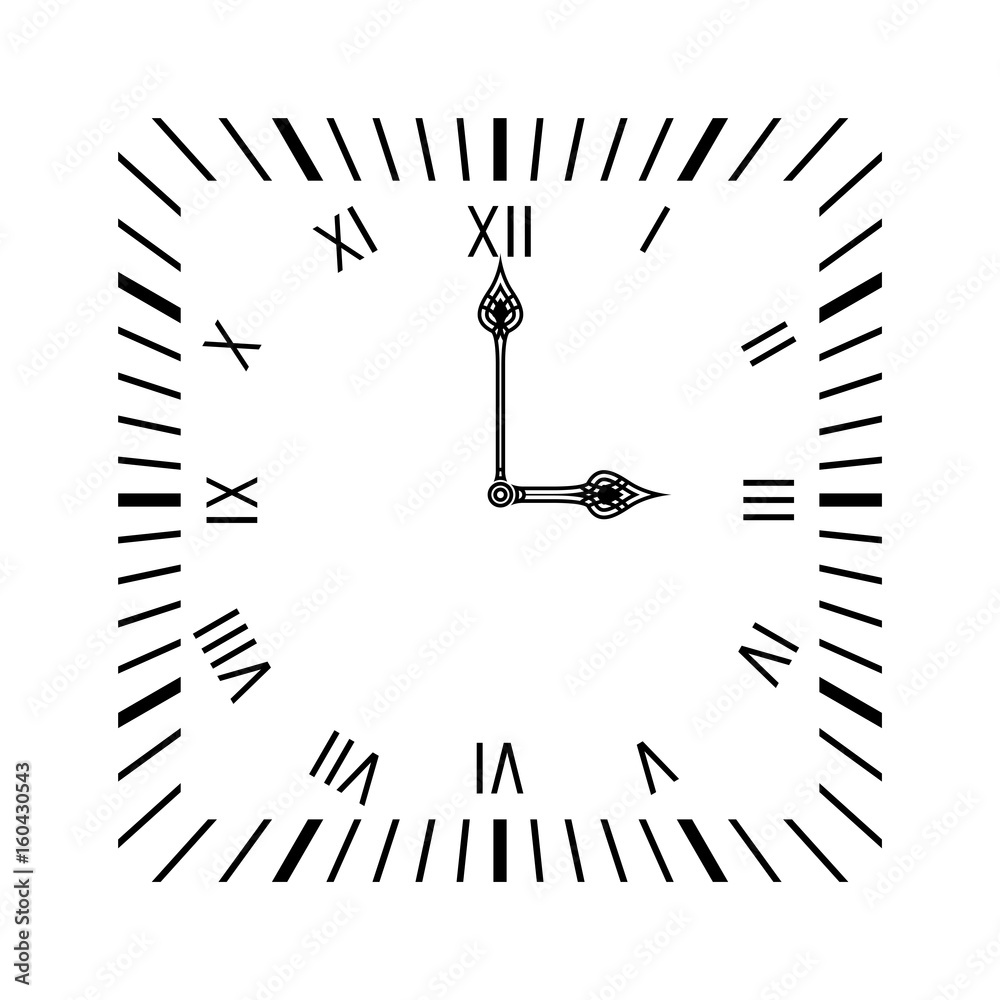 Square clock. Simple clock face with roman numerals Stock Vector