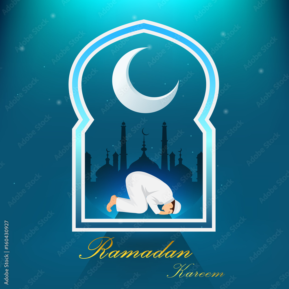 Young muslim man praying on blue background