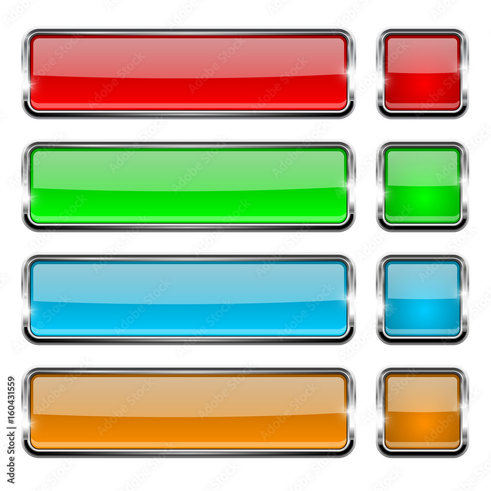 Colored rectangle and square glass buttons with metal frame Colored rectangle and square glass buttons with metal frame