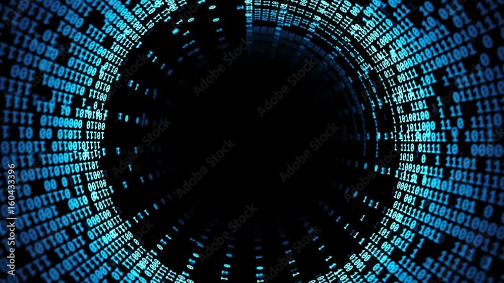 3d rendered digital background. Binary code digits form tunnel. Computer themed perspective view with depth of field and random changing digits. Loopable camera passing through.
