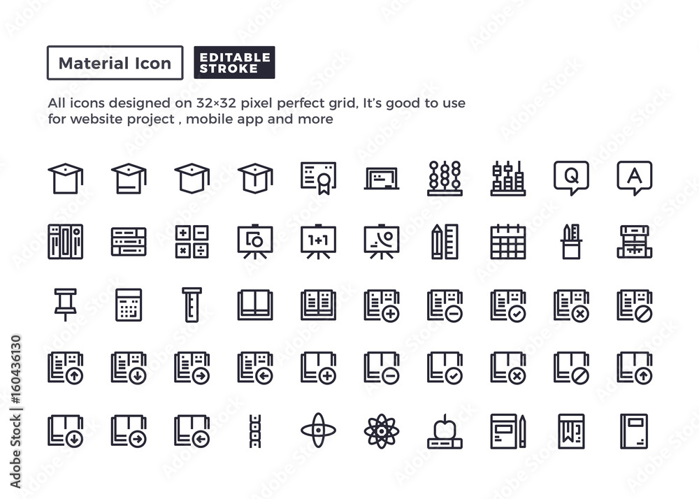 Education Icon.Material Outline Icons set for website and mobile app ,Pixel perfect icon, Editable Stroke.