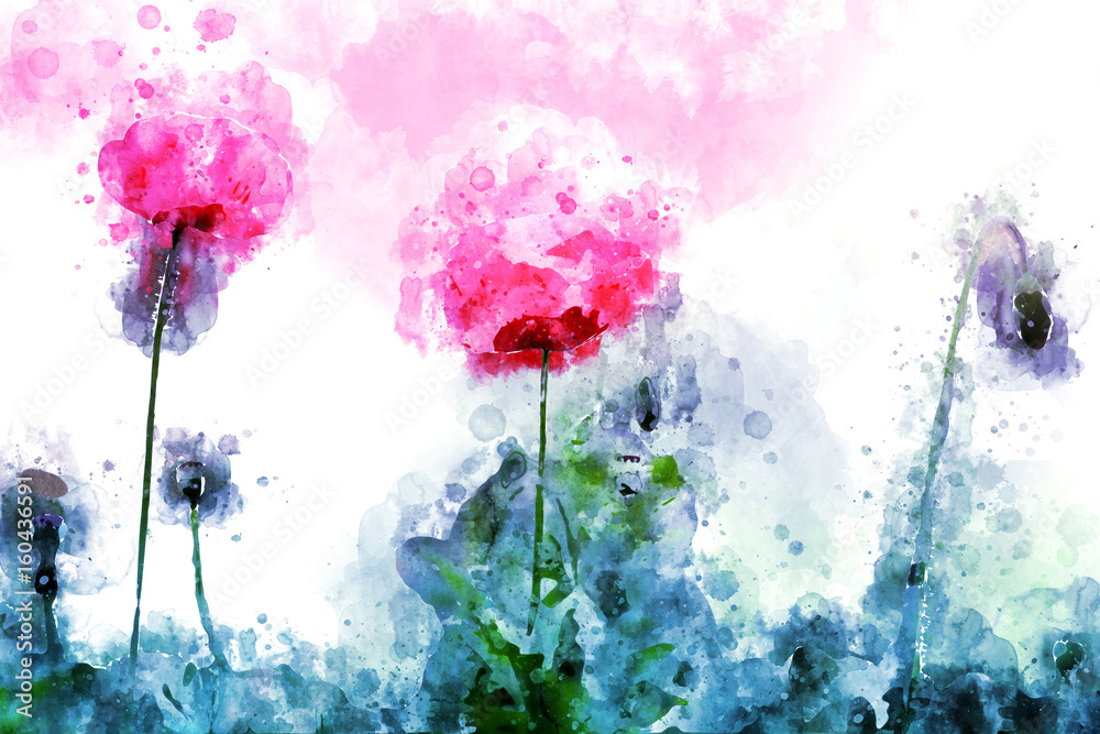 Obraz Abstrakcjonistyczni czerwoni makowi kwiaty na grunge i pochlapanym akwareli tle